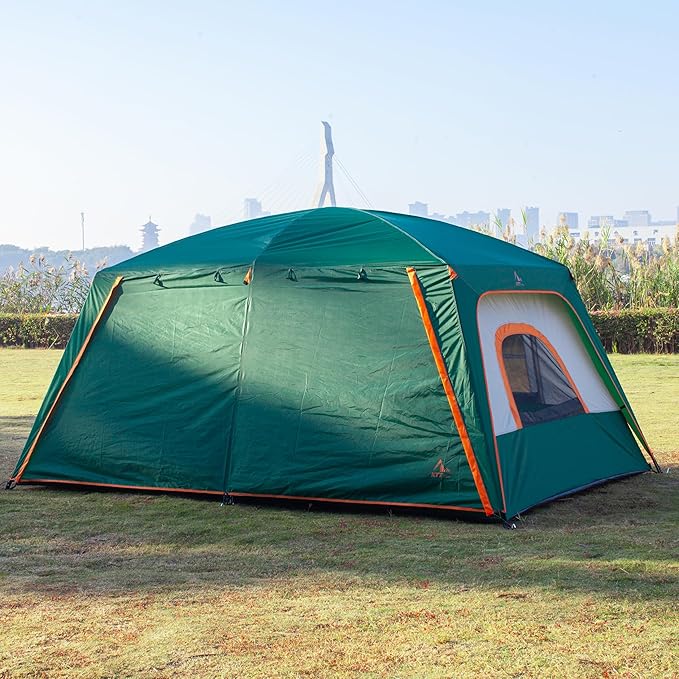 KTT Large Family Cabin Tent 10-12 Person,14.1X10X6.58ft,2 Rooms,3 Storage Pockets,2 Bay-Windows 3 Doors and 3 Windows with Mesh,Straight Wall,Waterproof,Double Layer,Big Tent for Outdoor,Camping