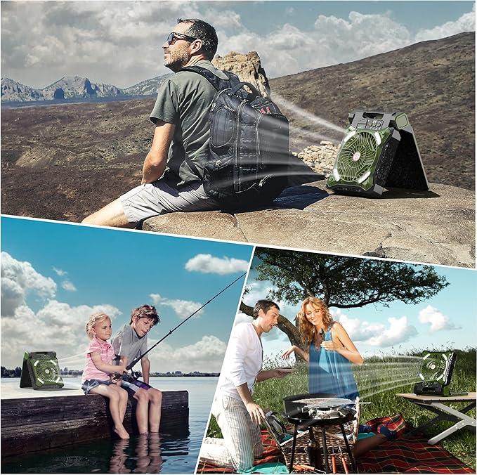 KITWLEMEN Upgraded Solar Camping Fan with Lantern - Rechargeable Battery Operated Fan, 36H Run Time Max, 4 Speeds, 8H Timer, 90° Adjustable Portable Desk Fan for Hurricane, Power Outage, Outdoor Use