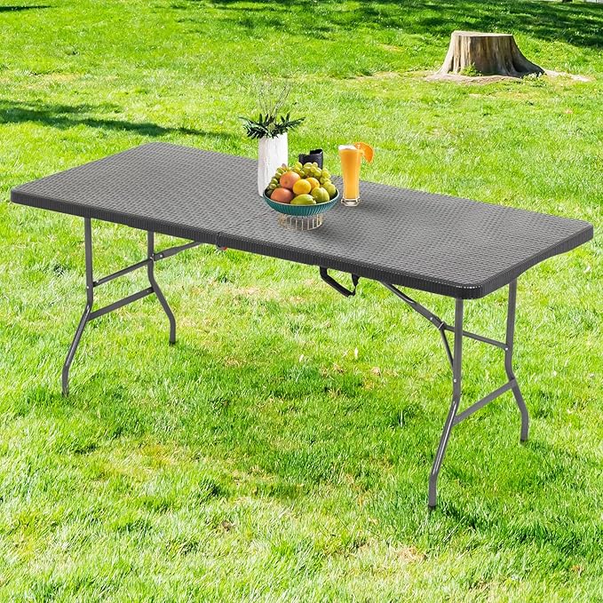 FDW Folding Table Half Portable Foldable Table for Parties Backyard Events (Black Ratten, 6 FT)