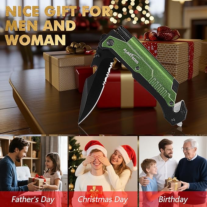 ALBATROSS 7-in-1 Folding Pocket Knife with Glass Breaker, Seatbelt Cutter, Serrated Blade, LED Flashlight, Fire Starter & Bottle Opener - Emergency & Outdoor Tool with Pouch (Green) FK01-GN