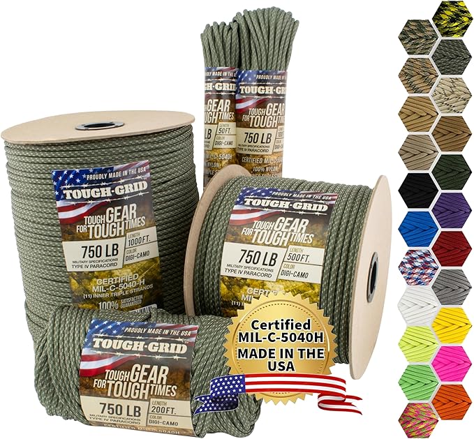TOUGH-GRID Paracord Rope 750 lbs Nylon Parachute Cord, Made in USA Survival Kit, Outdoor Adventures, Camping, Tactical Gear & Emergency Supplies, Military Type IV Mil-Spec