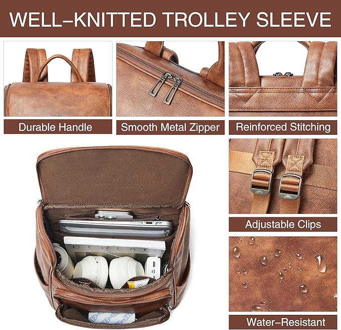 Leather Backpack for Women, Fits 17 Inch Laptop in Main Compartment, Dedicated 15.6 Inch Padded Sleeve, Large Vegan Leather Travel Computer Bag with Luggage Strap for Business and Work, Brown