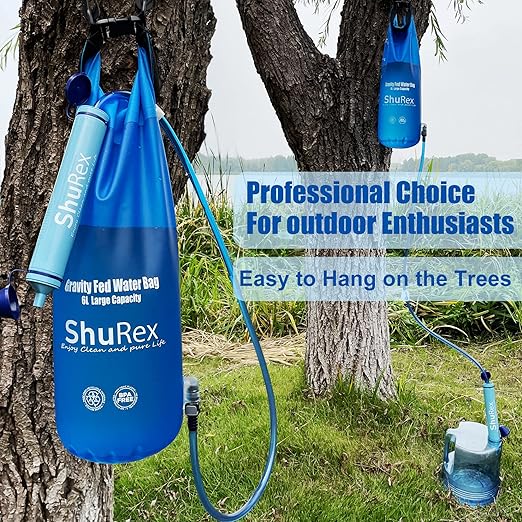 Gravity Fed Water Filtration System with Adjustable Tree Strap, 1.5 Gal Large Gravity Bag with Filter Straw, Water Purifier Survival for Travel, Backpacking, and Emergency Preparedness (6L)