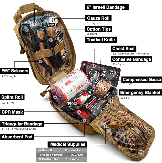 Survival First Aid Kit with Israeli Bandage, Splint, Chest Seal, Tactical Military Combat Molle IFAK for Wound Care, Bleeding Control, Trauma Hemorrhage and More
