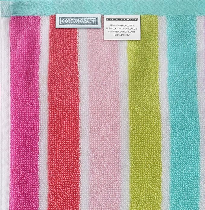 COTTON CRAFT Oversized Beach Towel - 2 Pack XL 39 x 68 inches Big & Huge Beach Blanket Towel - 100% Cotton Dobby Terry Velour Stripe - Super Soft Luxury - Pool Picnic Bath - Pink Multi