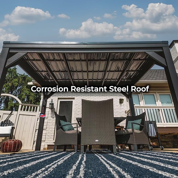 Backyard Discovery Stonebridge 12' x 9.5' Galvanized Steel Outdoor Gazebo Pavilion with Hardtop Slope Roof, Snow Load Support, Wind Resistance, PowerPort, Shade for Garden, Patio, Deck, Entertaining