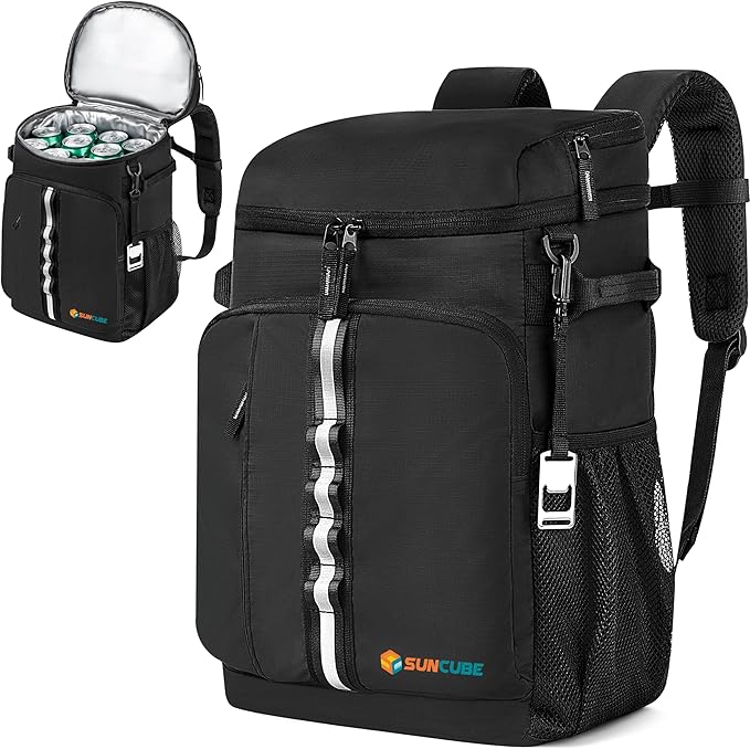 SUN CUBE Cooler Backpack 33 Can, Leakproof Insulated Backpack Cooler for Men Women, Camping Cooler Backpack for Beach Travel Hiking, Waterproof Lunch Backpack, Black