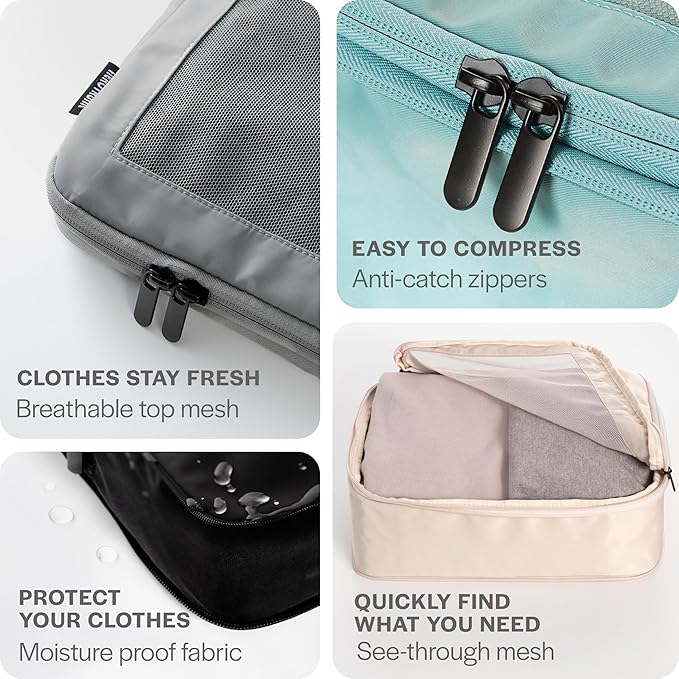 Compression Packing Cubes for Travel - Luggage Organizer Bags - Double Zipper Packing Cubes for Suitcases (2-Pack, Light Grey)