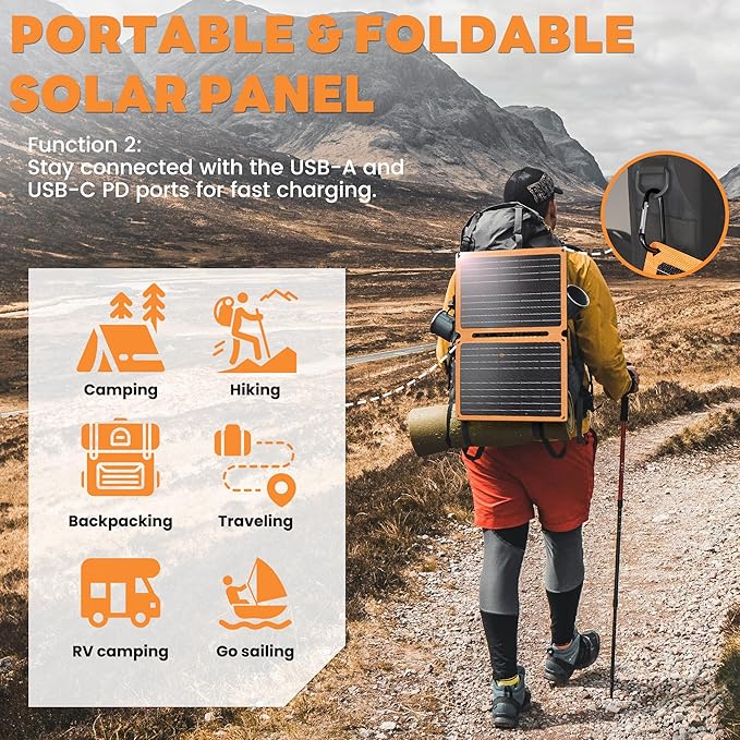 FieryRed 20W 12V Folding Solar Battery Trickle Charger Maintainer, 2-in-1 Portable Solar Trickle Charger with Built-in Charge Controller, Dual USB Fast Charging for Car Truck Boat Automotive Camping