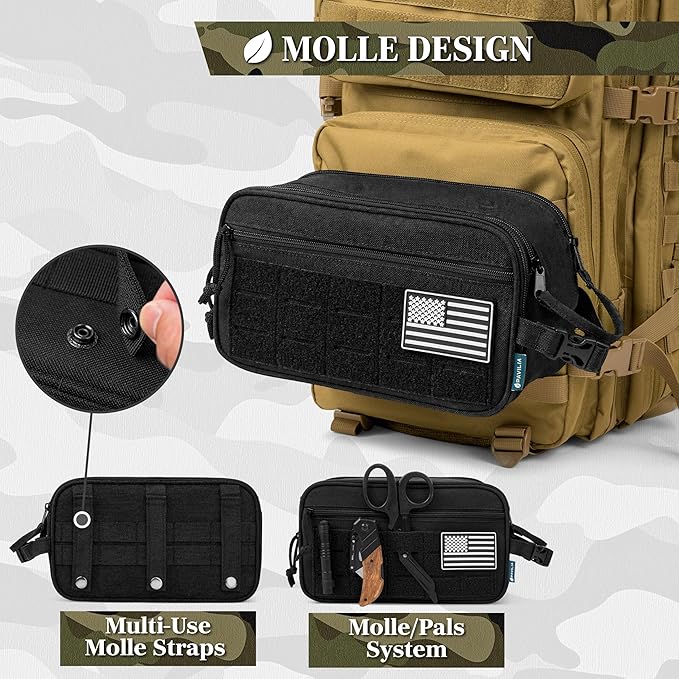 PAVILIA Tactical Toiletry Bag for Men, Travel Hygiene Bag, Military Gear Dopp Kit, Water Resist Molle Accessories Pouch, Mens Shaving Essentials, Gym Bathroom Shower Small Toiletries Tool EDC, Black