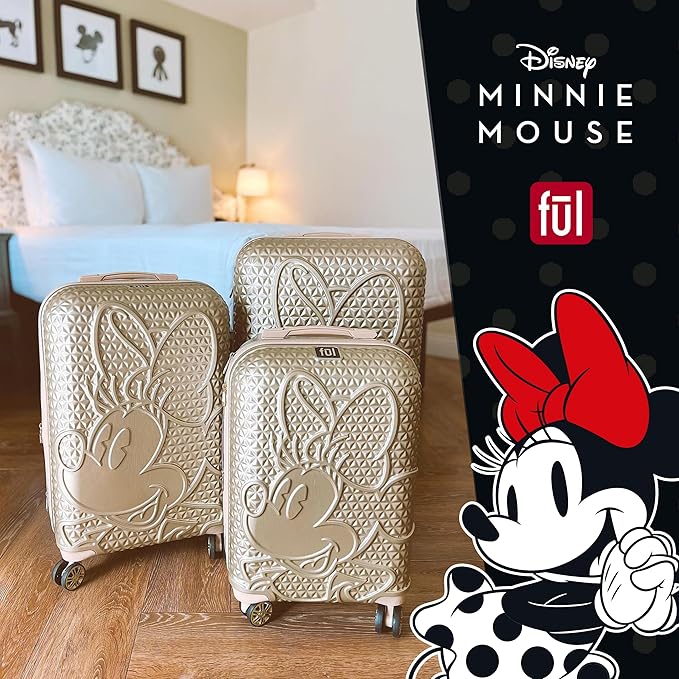 FUL Disney Minnie Mouse 3 Piece Rolling Luggage Set, Textured Hardshell Suitcase with Wheels Set, 22.5, 25 and 29 Inch, Taupe