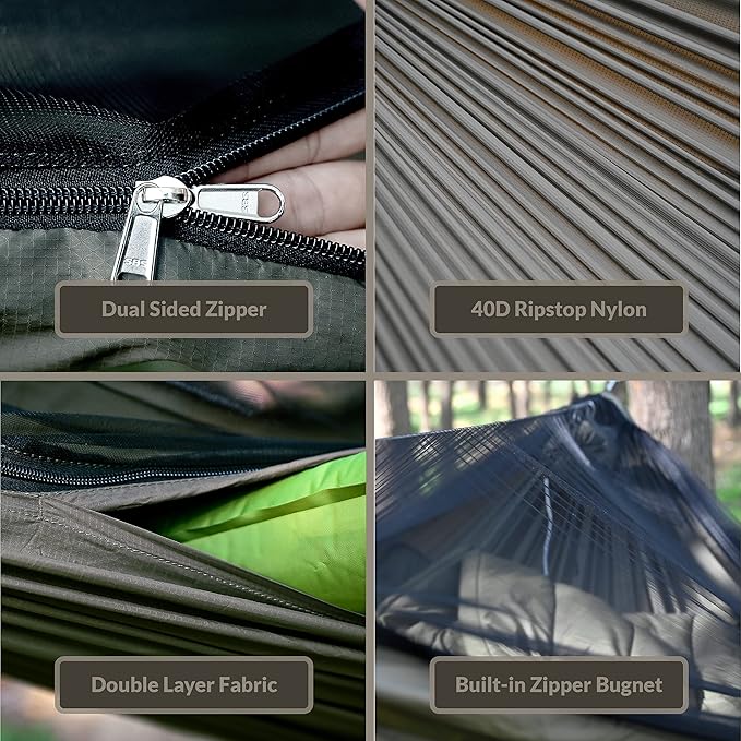 Onewind 11ft Zipper Hammock with Mosquito Net for Camping, Portable Double-Layer Northers Hammock with Adjustable Ridgeline for Camping, Hiking and Backpacking, OD Green, Sleeping Pad Not Included