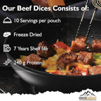 MOUNTAIN ESSENTIALS Freeze-Dried Diced Beef – Fully Cooked Meat | Pre-Cooked | 240g High Protein Intake | 10 Servings | Ready-to-Eat Meal Prep | Pantry Staples, Daily Meals, Emergency Survival, Camping Food | 7-Year Shelf Life | Made in USA
