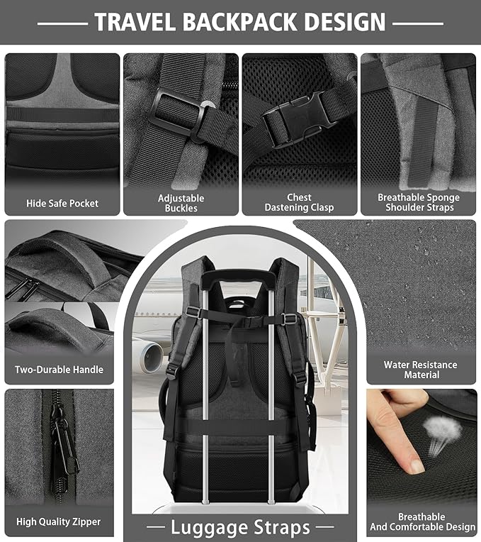 Comfort Travel Backpack,Expandable Carry on Backpack 1-5 Days with LifetimeWarranty,Fits 17.3" Laptop Notebook,Water Resistant Weekender Backpack Flight Approved for Men Hiking,College Travel,Grey
