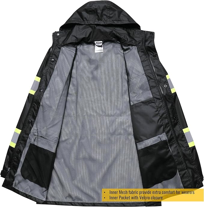 JKSafety Hi-Vis Reflective Safety Rain Jacket and Pants for Men Women Waterproof Rain Gears for Farming Fishing Work HV Rain Suit with Inner Mesh Lining and Pockets (117-Black L)