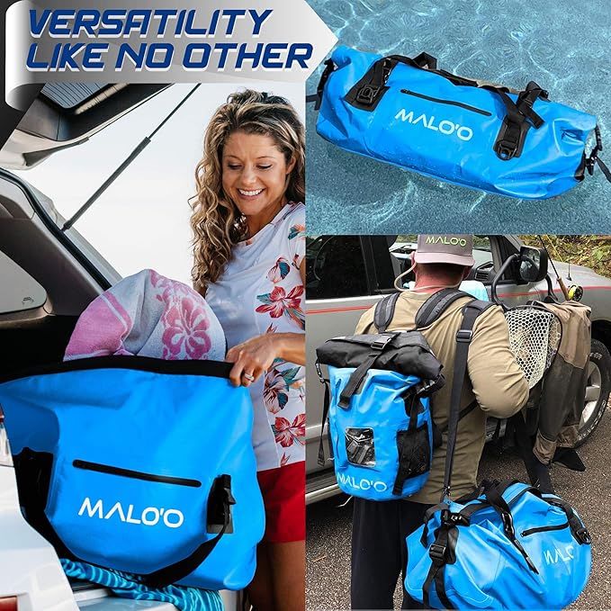 Malo’o Waterproof Dry Duffel, Heavy-Duty Roll Top Waterproof Gear Bag with Shoulder Strap & Molle Loops, Marine Duffel for Kayaking, Boating, Camping, Beach & Travel, Blue, 40L