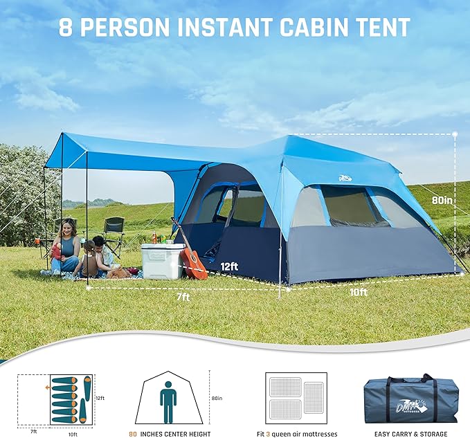 8 Person Instant Cabin Tent, Easy 60 Second Setup Family Tents for Camping, Pop up Camping Tent, Large Waterproof Tents for Outdoor Camping, Spacious Interior, Upgraded Ventilation