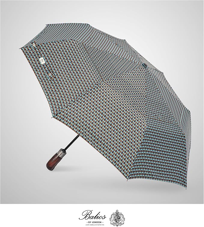 Balios Travel Folding Umbrella with Real Wood Handle Auto Open Close Vented Windproof Canopy - Designed in UK