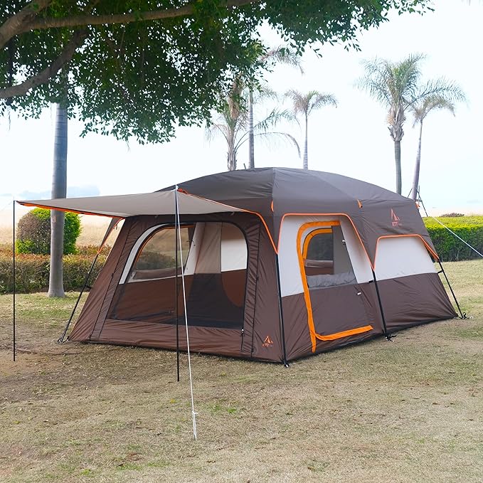 KTT Large Tent 6-12 Person,Family Cabin Tents,Straight Wall,3 Doors and 3 Windows with Mesh,Waterproof,Big Tent for Outdoor,Picnic,Camping,Family,Friends Gathering.