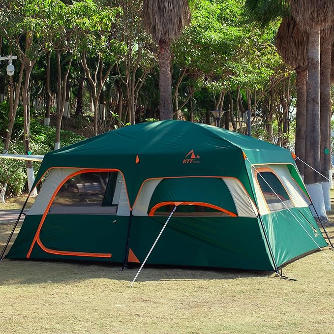 KTT Large Family Cabin Tent 10-12 Person,14.1X10X6.58ft,2 Rooms,3 Storage Pockets,2 Bay-Windows 3 Doors and 3 Windows with Mesh,Straight Wall,Waterproof,Double Layer,Big Tent for Outdoor,Camping
