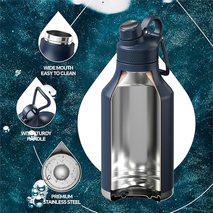 IDEUS Insulated Stainless Steel Water Bottle with 2 Leak-Proof Lids, Thermal Water Flask for Hiking Biking, 64oz, Navy Blue
