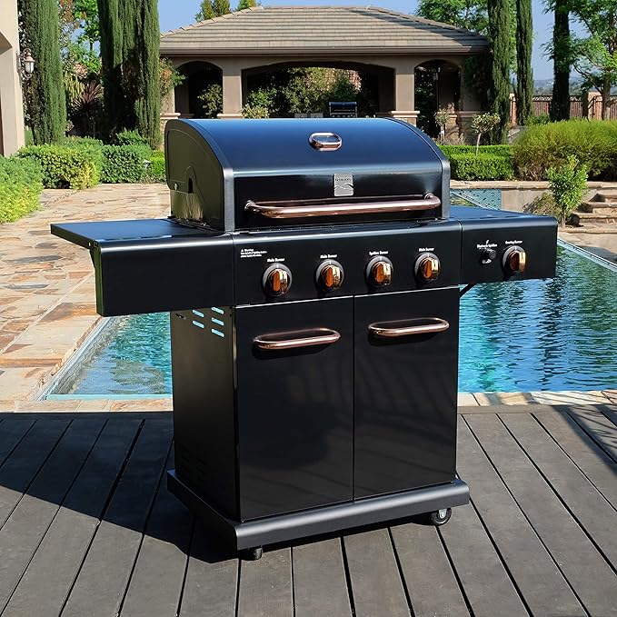 Kenmore 4-Burner BBQ Gas Grill with Searing Side Burner, Propane Grill, 52,000 BTUs, Warming Rack, Electronic Ignition & Cast Iron Cooking Grates, Black/Copper + Bonus Cover