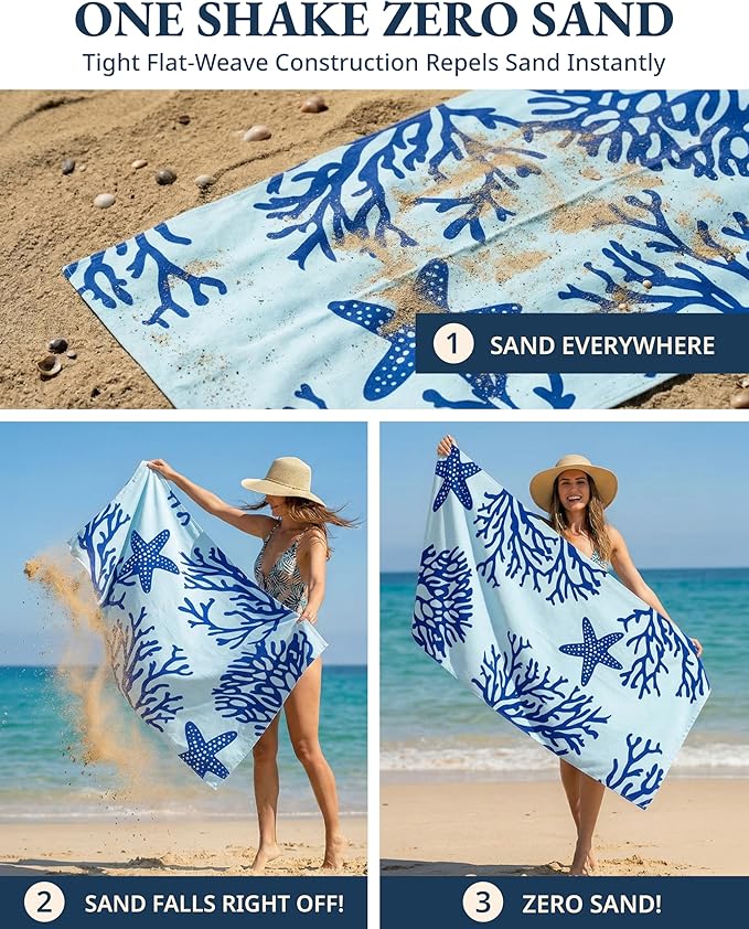 LANE LINEN Beach Towel 2 Pack, Oversized Beach Towel 39"x71", Lightweight Beach Essentials for Women, Large Pool Towel, Absorbent & Quick Dry, Sand Free Beach Towel - Turtle & Coral