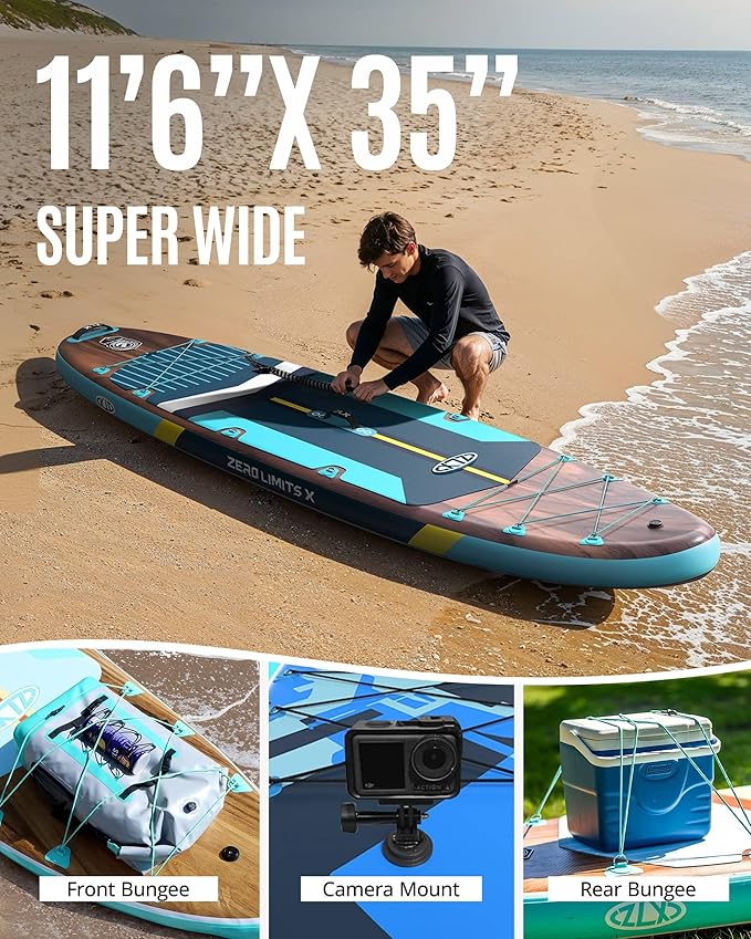 ZLX 11'6" Extra Wide Inflatable Stand Up Paddle Board SUP, Stable Non-Slip Deck Pad, Unique Fin System and Premium iSUP Accessories - Portable Backpack & Upgraded Pump for Adults, All Skill Levels