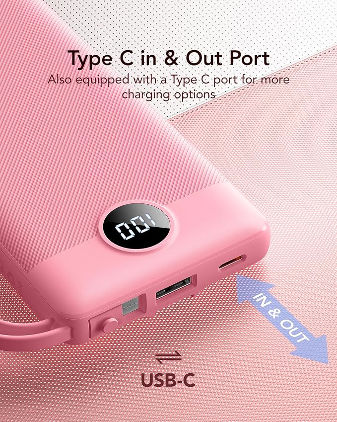VRURC Portable Charger Power Bank, 10000mAh Travel Essentials Battery Pack, 5 Outputs 2 Inputs Slim Charging Bank Built-in Cables Cords Wires Compatible with iPhone,Samsung,Android-Barbie Pink(1 Pack)
