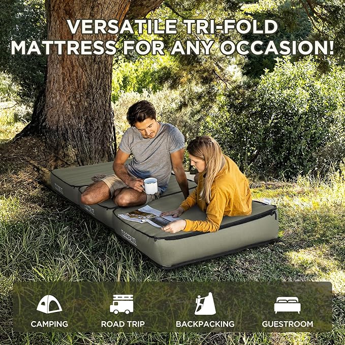 Detachable Tri Folding Sleeping Pad for Camping, Ultra-Thick 5.5 Inch Air Mattress, Quick Inflate, Zipper Design for Detachment, Machine Washable, Family Pad for Camping & Traveling, Green