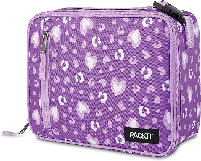 PackIt Freezable Classic Lunch Box, Leopard Hearts Purple, Built with ECOFREEZE Technology, Reusable, Zip Closure With Zip Front Pocket and Buckle Handle, Designed for Fresh Lunch On the Go