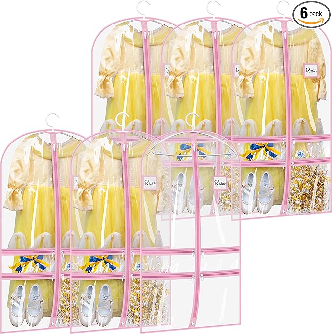 SLEEPING LAMB 6 Packs Clear Garment Bags for Dancers With 4 Pockets, 40" Kids Costume Bag for Travel and Dance Competition, Hanging Clothes Storage for Dress, Uniform, Pink