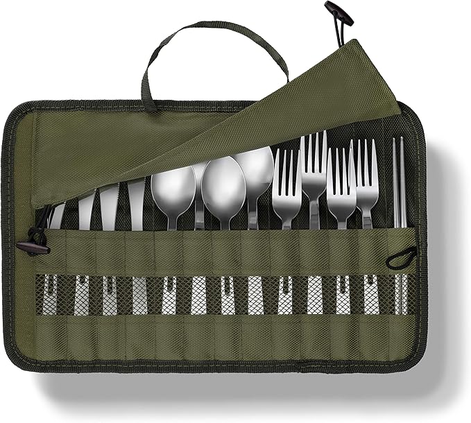 13 Piece Stainless Steel Family Cutlery Picnic Utensil Set with Travel Case for Camping | Hiking | BBQs - Includes Forks | Spoons | Knifes | Chopstick, Plus Nylon Commuter Case (Green)