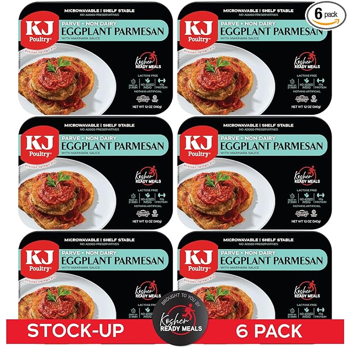 KJ Poultry Kosher Parve Ready Meals - Eggplant Parmesan, MRE Meals Ready to Eat, Halal, (6 Pack) Prepared Entree Fully Cooked, Shelf Stable Microwave Dinner Travel, Military, Camping, Emergency