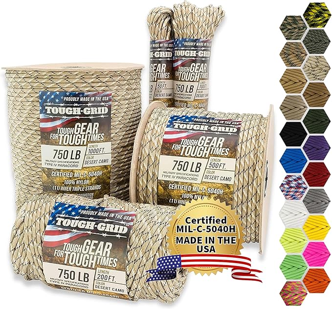 TOUGH-GRID Paracord Rope 750 lbs Nylon Parachute Cord, Made in USA Survival Kit, Outdoor Adventures, Camping, Tactical Gear & Emergency Supplies, Military Type IV Mil-Spec