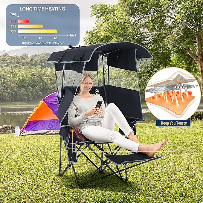 Nice C Chair with Canopy, Heated Camping Chair with Battery, Outdoor Sports Chairs with Shade, Heated Folding Umbrella Chairs, with Removable Footrest (2-Pack)