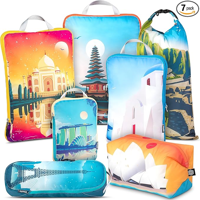 Large Compression Packing Cubes for Travel-Packing Cube Luggage Organizers 7 Piece Set for Checked Luggage-Ultralight, Expandable/Compression Bags by TRIPPED Travel Gear (Bucketlist)