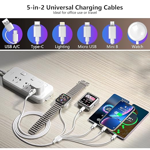 5-in-2 Multi Charging Cable for Apple Watch Charger: USB A/C Input, Lightning/Type C/Micro/Mini B/Wireless Output, for iPhone 15-13, iWatch 1-9, Galaxy S23-22, 4FT- Fast Charge- White