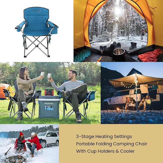 ARROWHEAD OUTDOOR 2-Pack Heated Folding Camping Chair with Cooler, 3 Heat Settings, Cup & Wine Glass Holder, Carrying Bag, Battery NOT Included, Supports up to 330lbs