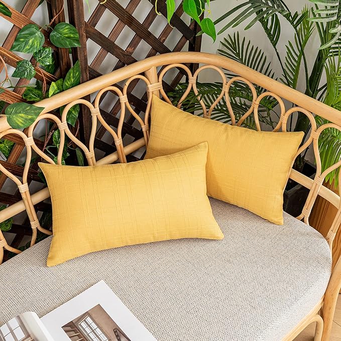 Kevin Textile Pack of 2 Outdoor Waterproof Throw Pillow Covers Decorative Square Outdoor Checkered Pillows Cushion Case Patio Pillows for Couch 12x20 inches 30x50 cm Yellow