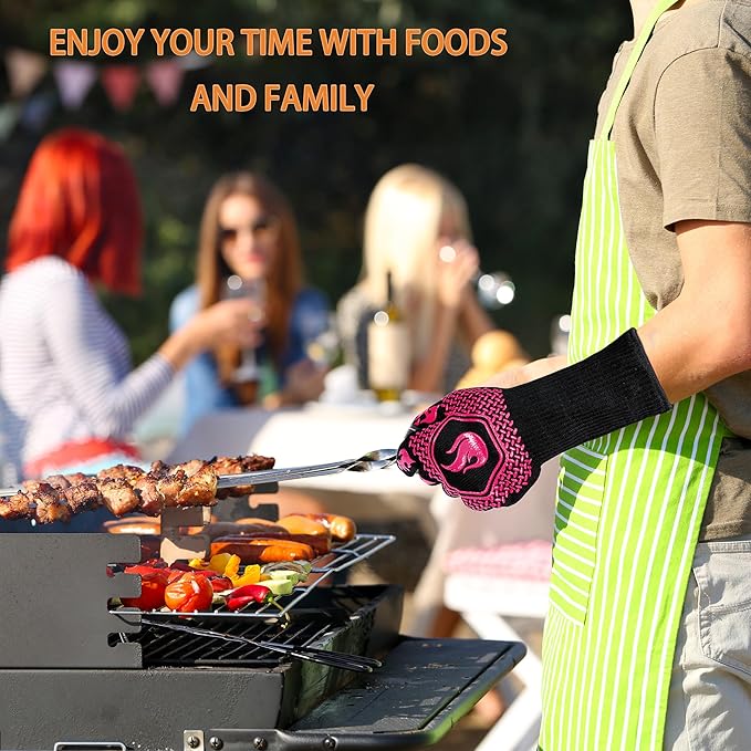 BBQ Fireproof Gloves, Grill Cut-Resistant Gloves 1472°F Heat Resistant Gloves, Non-Slip Silicone Oven Gloves, Kitchen Safe Cooking Gloves for Oven Mitts,Barbecue,Cooking, Frying,13.5 Inch-Rose Pink