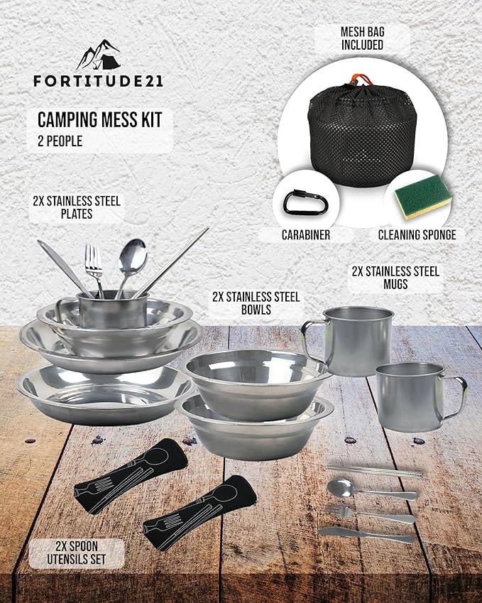 Stainless Steel Camping Mess Kit - Person's Complete Picnic & Camp Dish Set, Includes Plate, Bowl, Cup & Utensils