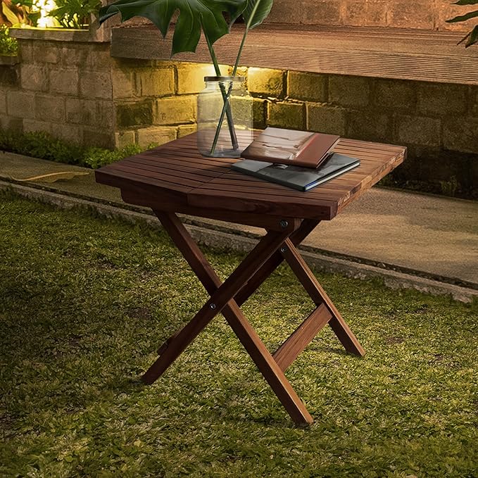 Melino Wooden Folding Outdoor Side Table, FSC Certified Acacia Weatherproof Side Tables, Wood Folding Small Table for Outdoor, Patio, Porch, Pool, Backyard, Garden, Balcony and Deck - Chestnut