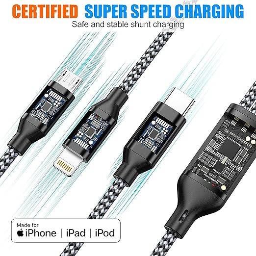 Multi Charging Cable 4ft 3Pack 3 in 1 Charger Cord, Multiple Rapid Nylon Braided Cable USB Charging Cable Multi Phone Charger Cord with Type C Micro Lightning USB Connectors for Cell Phones