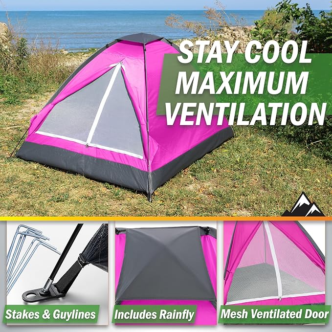 2 Person Camping Tent with Rain Fly and Carrying Bag – Lightweight Outdoor Pop Up Tents for Camping Essentials, Music Festivals, Backpacking, Hiking, or Beach Shelter by Wakeman Outdoors
