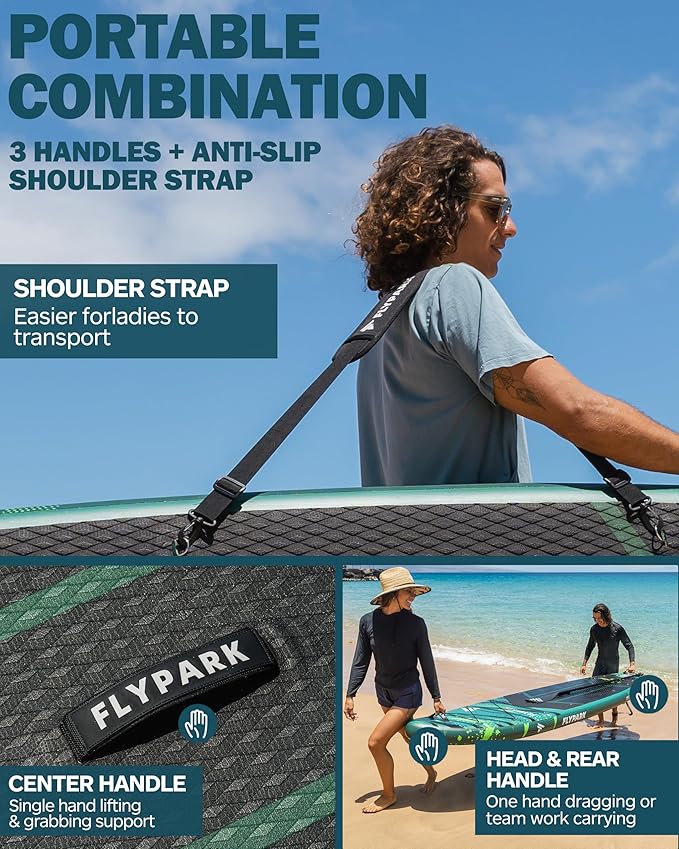 Flypark 11'x34 Inflatable Paddle Boards, Extra Wide SUP for 420lbs/3Adults, Yoga Stand Up Paddle Board, 110L Backpack, 15 D-Rings, Shoulder Strap, US-Fin, 2-Action Pump