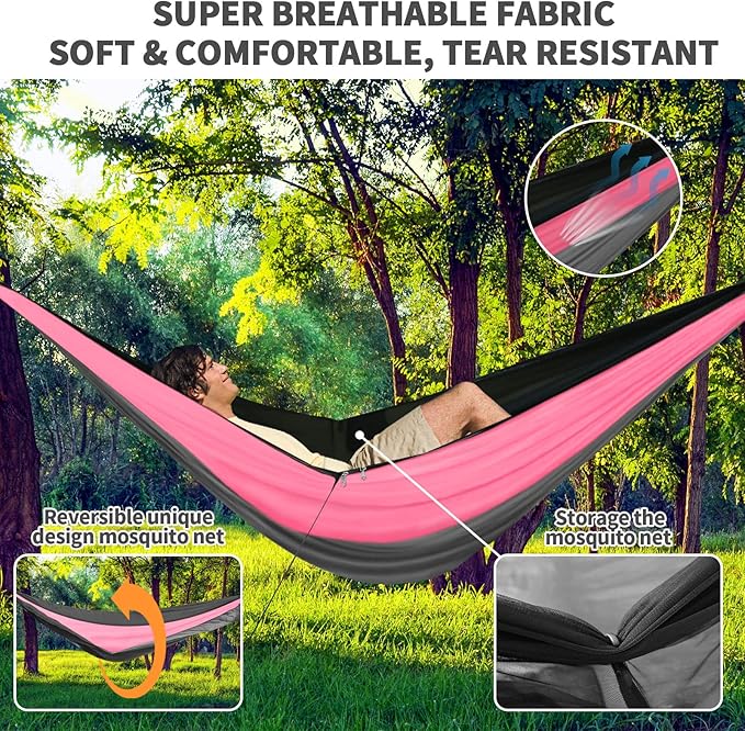 Camping Hammock Pink Grey Hammocks with Mosquito Net Tent and Rain Fly Tarp Portable Single & Double Nylon Parachute Hammock with Heavy Duty Tree Strap Outdoor Backpacking Survival Travel
