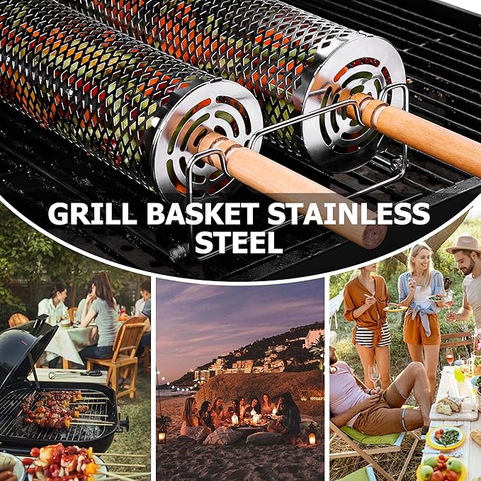 Rolling Grilling Baskets for Outdoor Grill Bbq Net Tube Must Have Large Round Mesh Barbecue Cooking Cylinder Cage Essentials Gadgets Accessories for Picnic Fish Meat Veggies Vegetable, Gift for Men