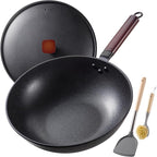 Carbon Steel Wok -13 Inch Woks & Stir-fry Pans Nonstick, Wok Pan with Lid Spatula and Dish Brush: Pre-Seasoned Flat Bottom Chinese Woks for Induction, Electric, Gas, All Stoves