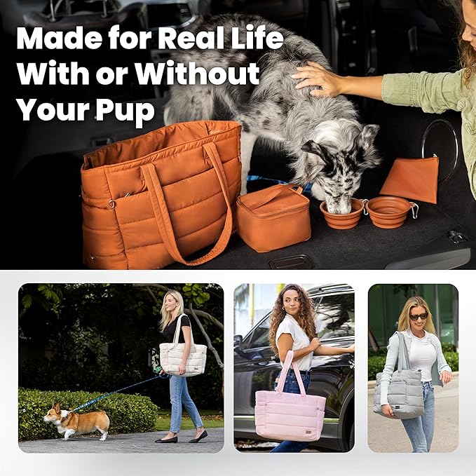 rubyloo Puffer Dog Travel Bag for Dog Moms – Doggy Diaper Bag with Pet Bowls & Food Storage or Everyday Puffy Tote – Doggy Mom Gifts for Women – Lightweight, Travel-Ready Gift for Pet Lovers - Khaki